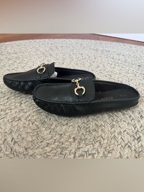 Anne Klein Black Leather Loafers with Gold Horsebit
